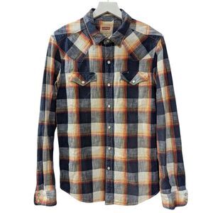Levi's Men's Medium Western Cowboy Pearl Snap Plaid Long Sleeve Shirt Blue Rust